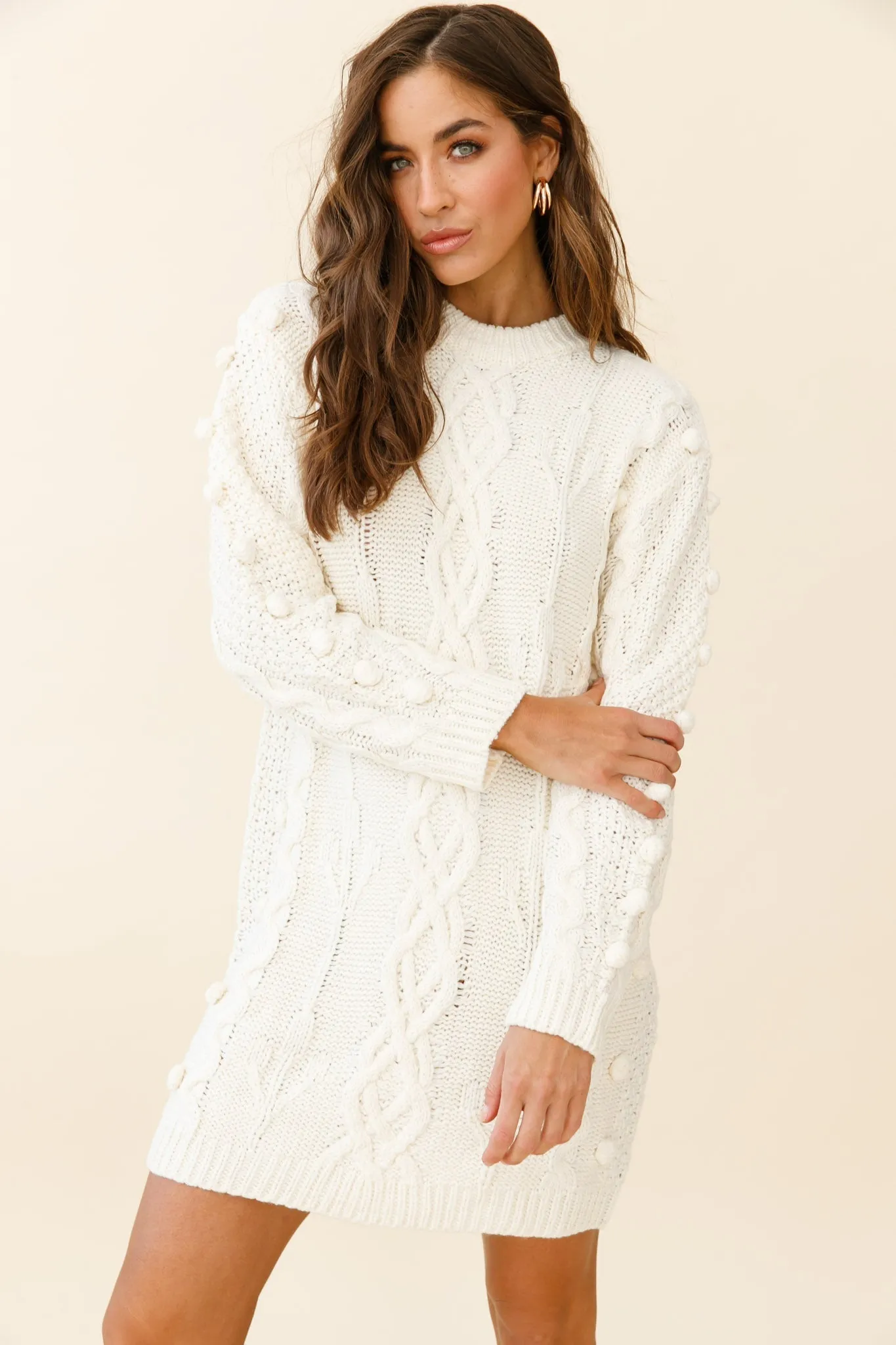 Snowstorm Pom Pom Detail Knit Sweater Dress Cream