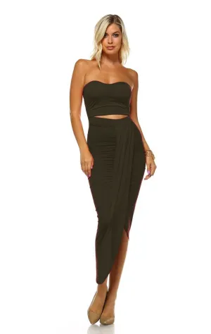 Strapless Bodycon Maxi Club Dress Ruched Detail with Cutout Olive