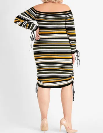 STRIPED RUCHED SWEATER DRESS