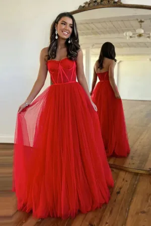 Sweetheart Neck Red Lace A-line Prom Dresses, Evening Dresses