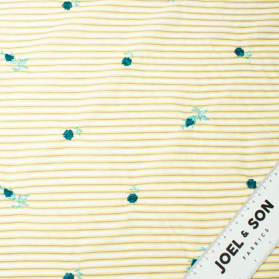 Teal Floral Embroidered Yellow & Grey Striped Cotton