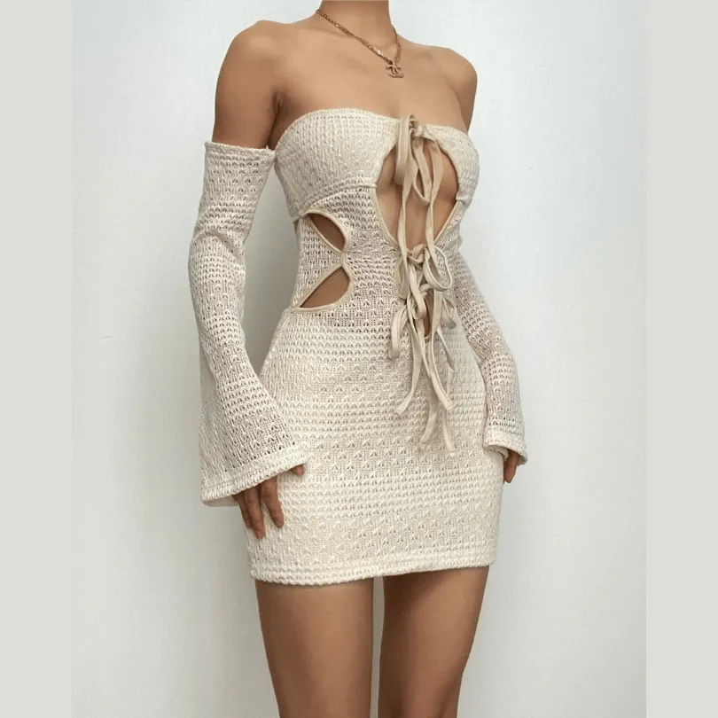 Textured off shoulder hollow out self tie solid cut out mini dress