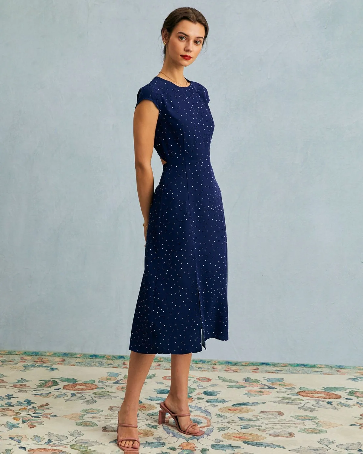 The Navy Round Neck Polka Dot Cutout Midi Dress