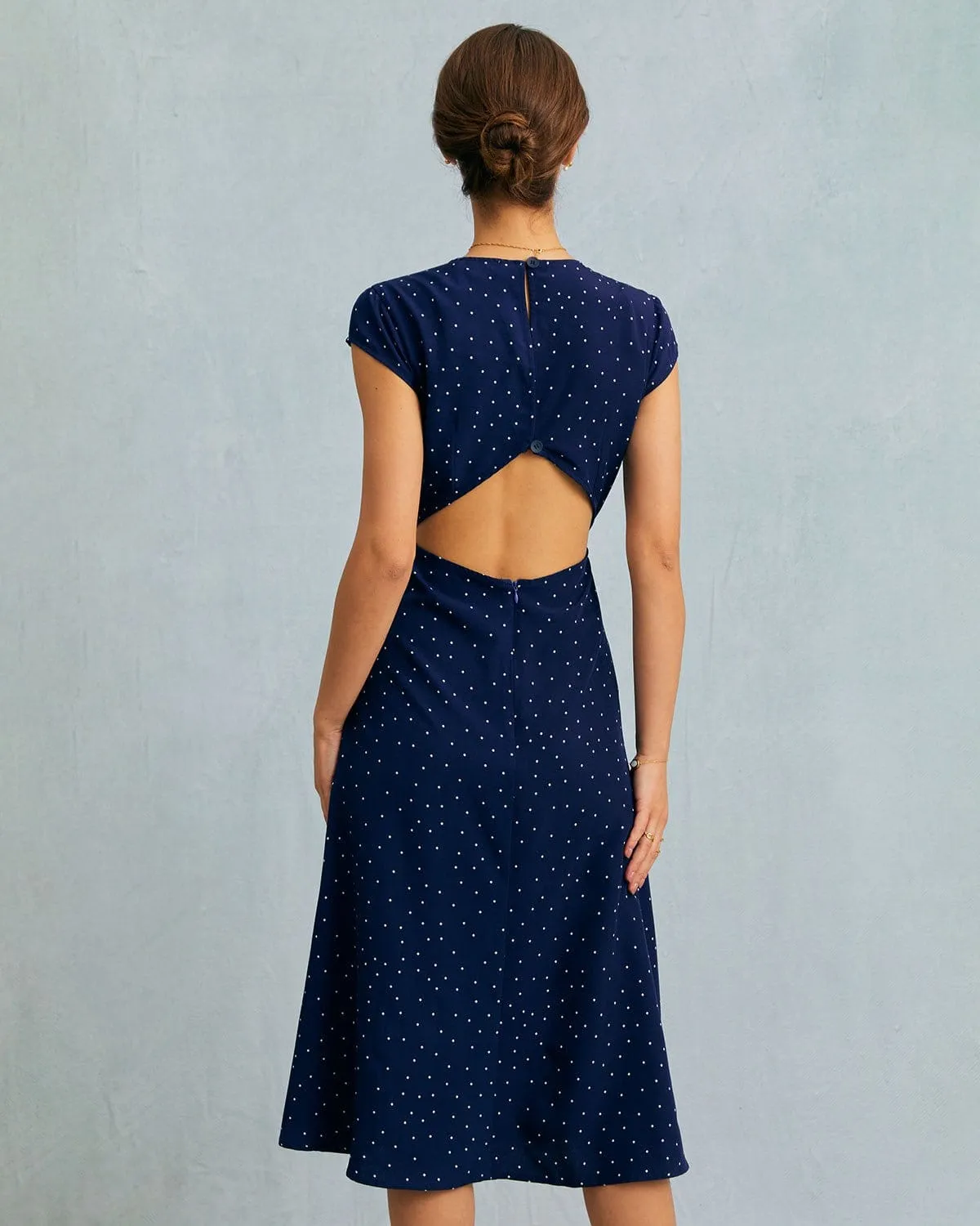 The Navy Round Neck Polka Dot Cutout Midi Dress