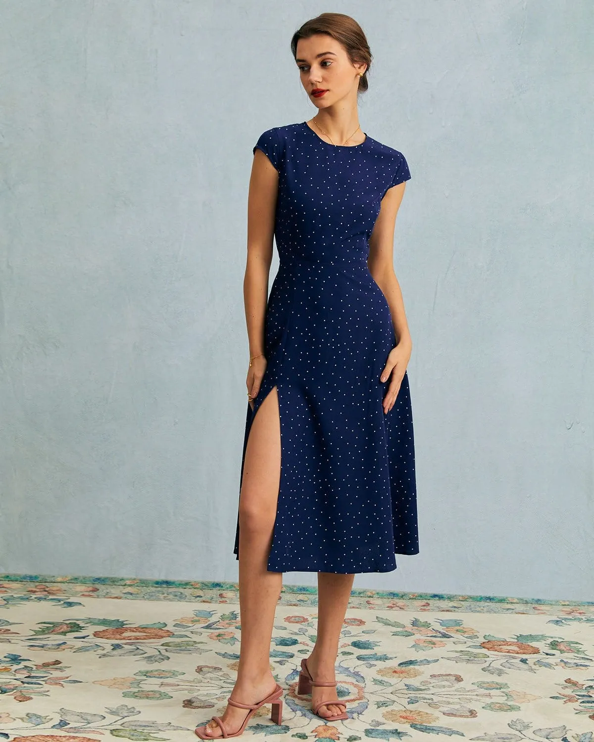 The Navy Round Neck Polka Dot Cutout Midi Dress