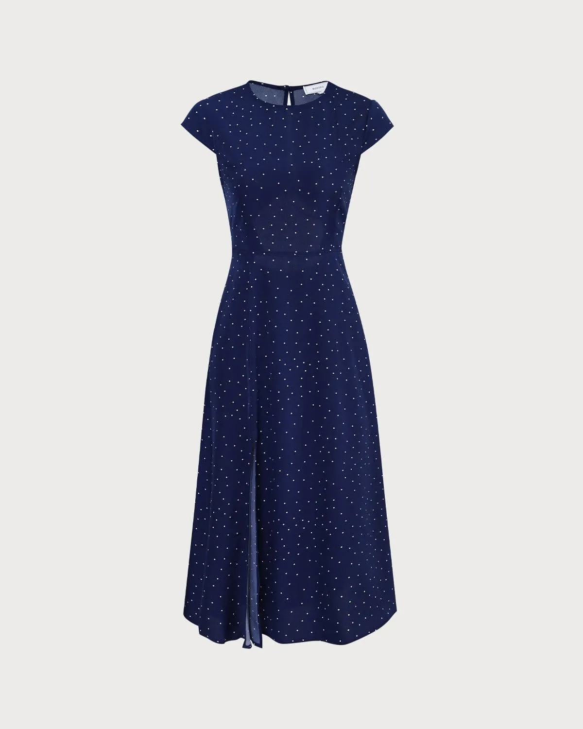 The Navy Round Neck Polka Dot Cutout Midi Dress