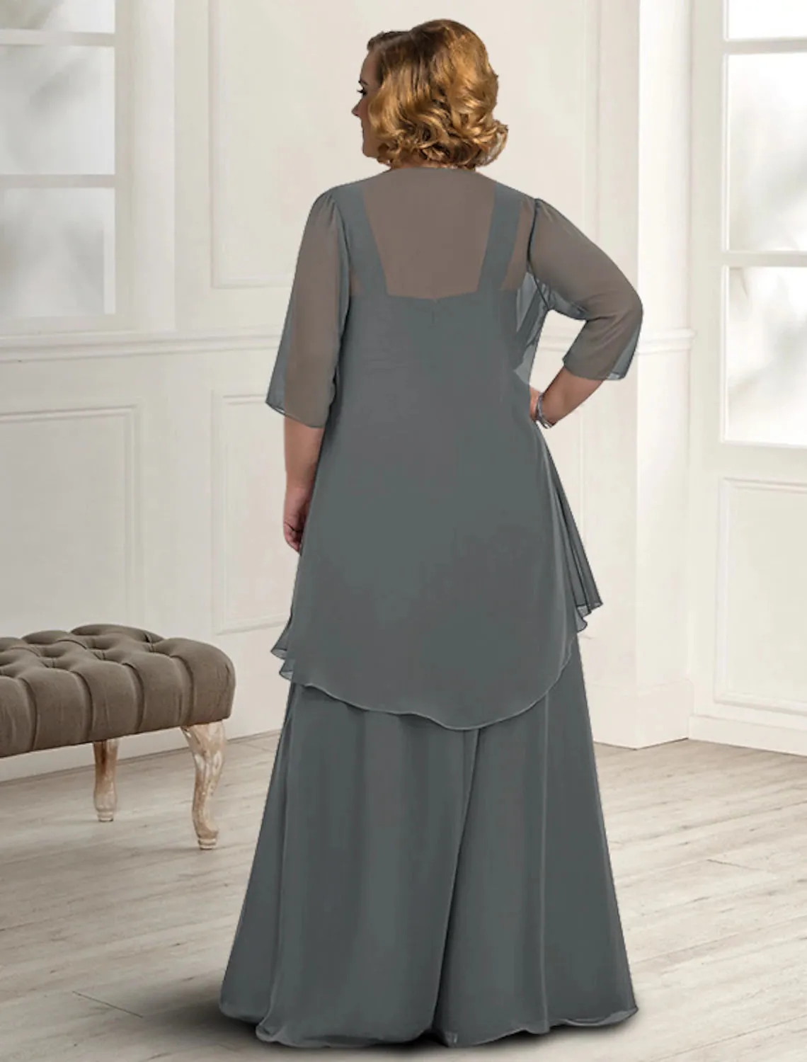 Two Piece A-Line Mother of the Bride Dress Fall Wedding Guest Dresses Plus Size Elegant Square Neck Floor Length Chiffon Sleeveless Jacket Dresses with Pleats