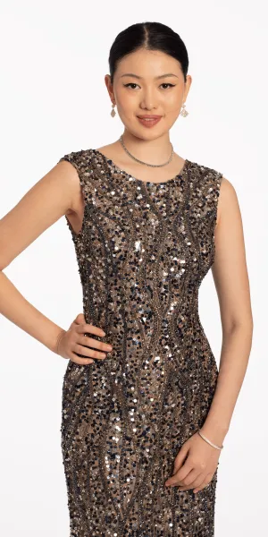 Two Tone Boat Neck Beaded Sequin Cap Sleeve Column Dress