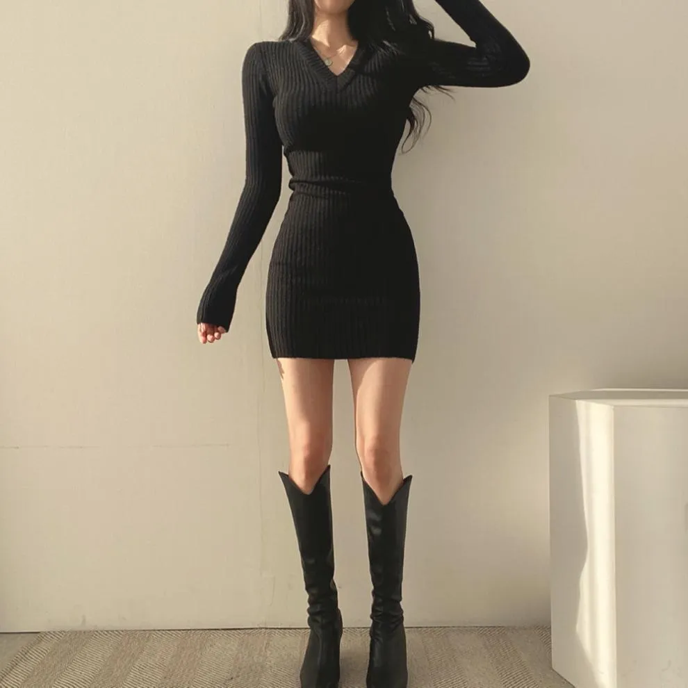 V-neck Knitted Mini Dress