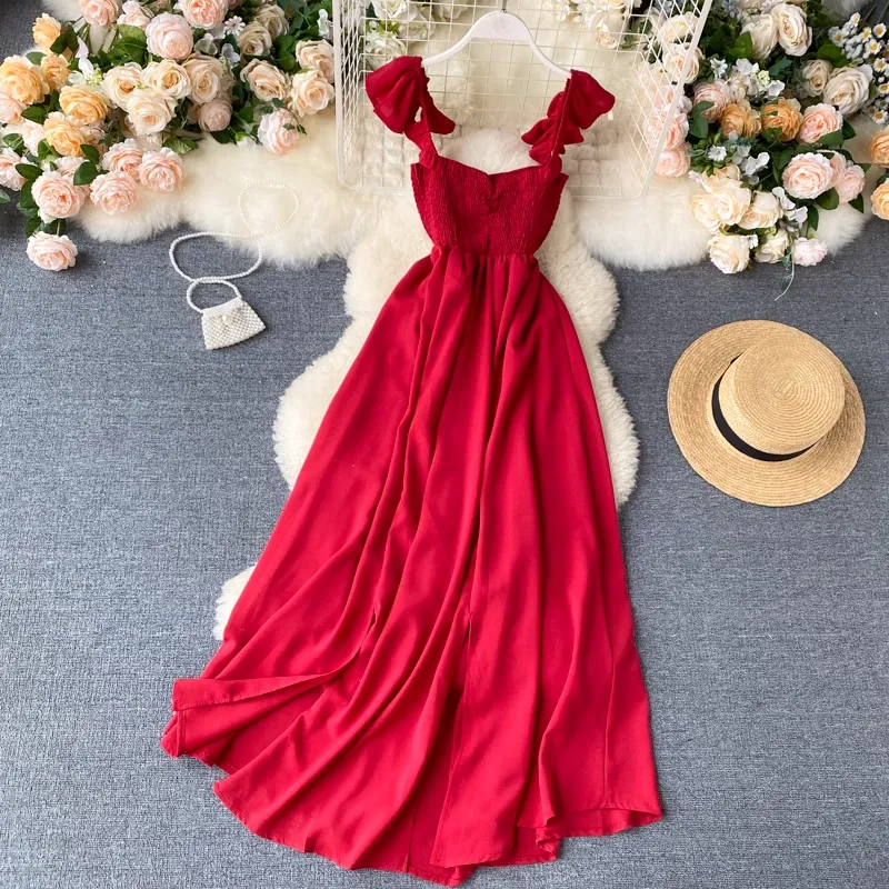 Women  Summer Pleated Skirt Elegant Long Dress for Girl 1104