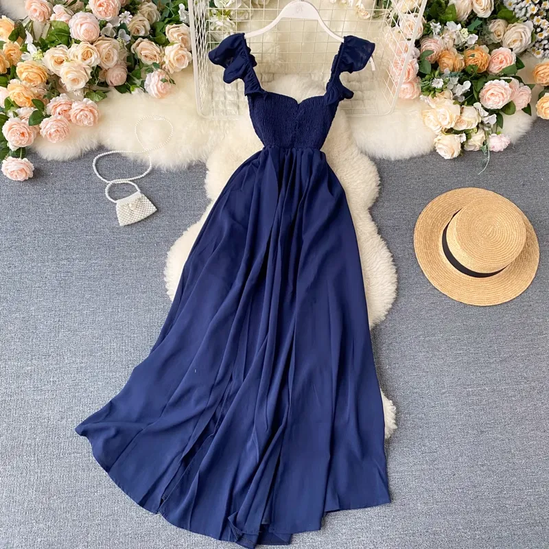 Women  Summer Pleated Skirt Elegant Long Dress for Girl 1104