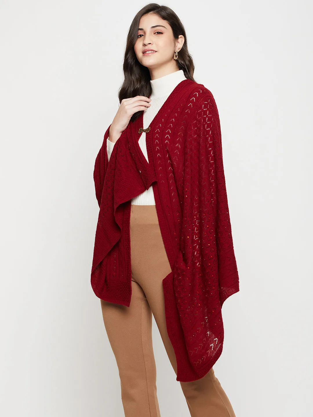 Women's Casual  Maroon All over Pointelle pattern  Stole