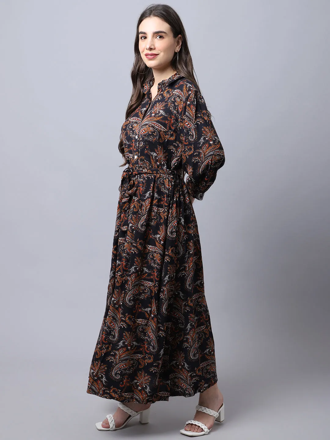 Women's  Spread Collar Black Paisley Print Maxi Dress