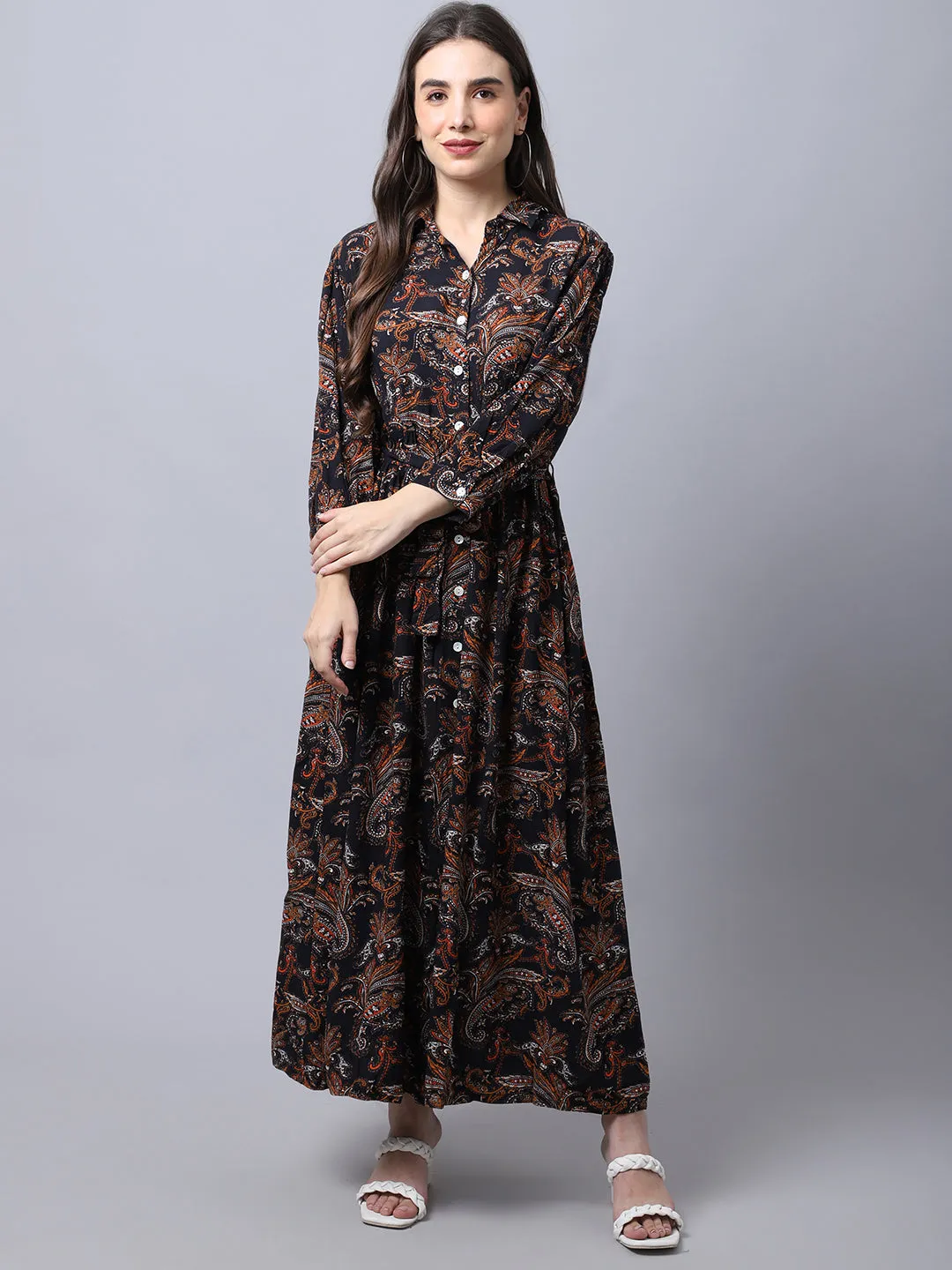 Women's  Spread Collar Black Paisley Print Maxi Dress