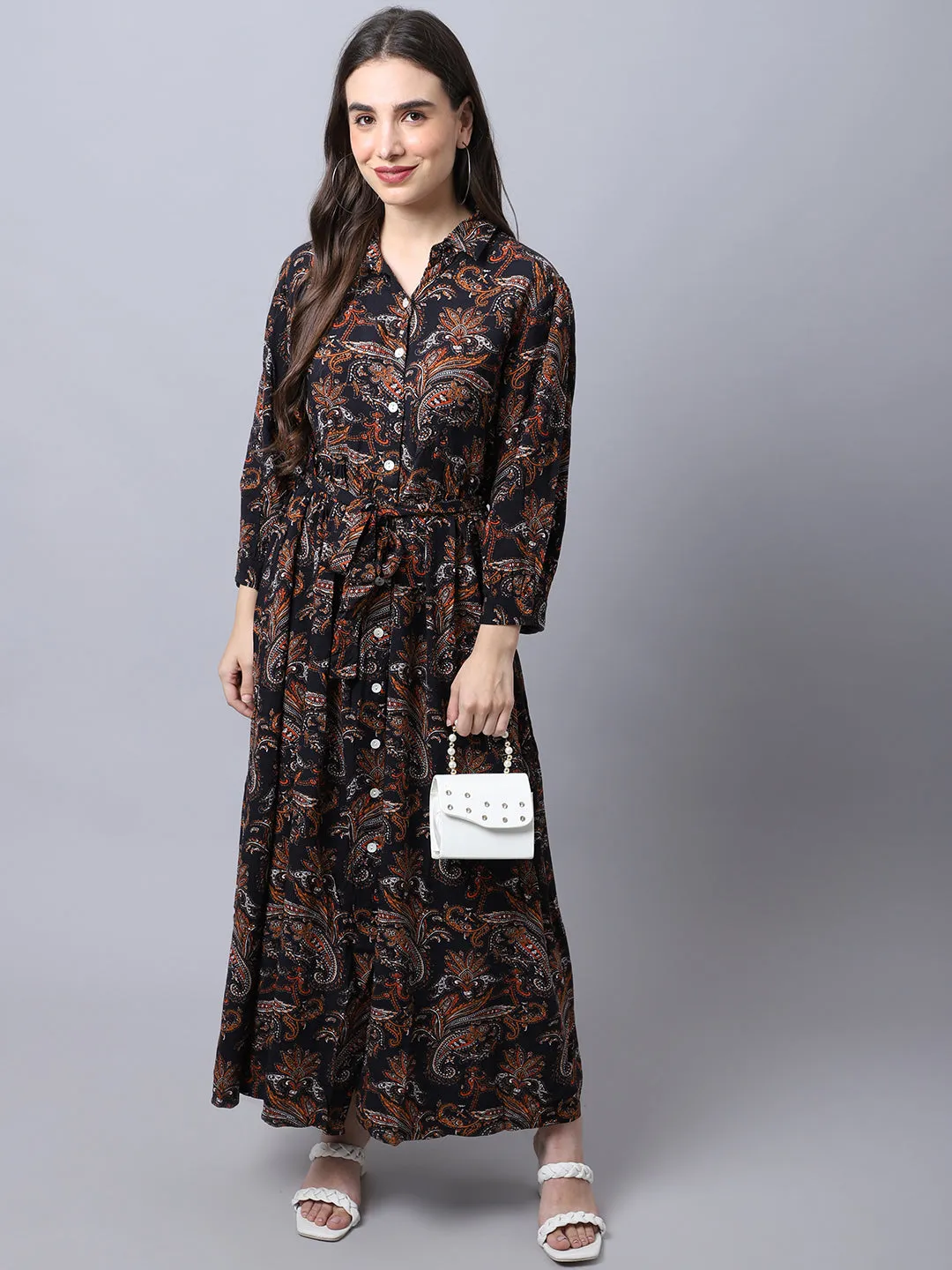 Women's  Spread Collar Black Paisley Print Maxi Dress