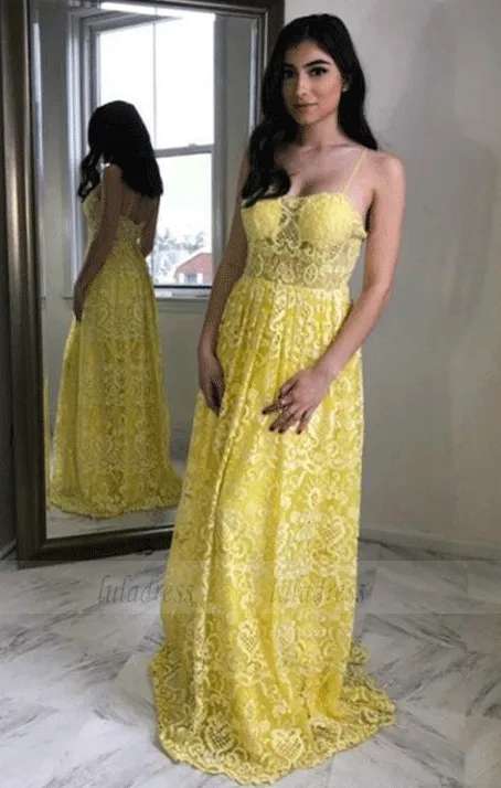 Yellow Lace Prom Dresses Spaghetti Straps Long Evening Party Dresses