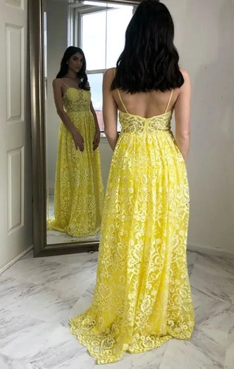 Yellow Lace Prom Dresses Spaghetti Straps Long Evening Party Dresses