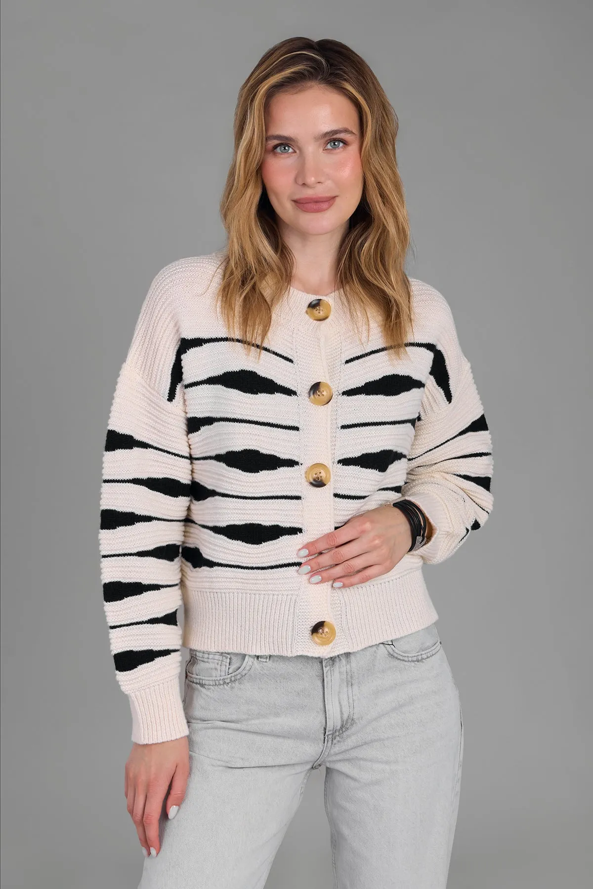 Zebra Buttoned Knit Cardigan