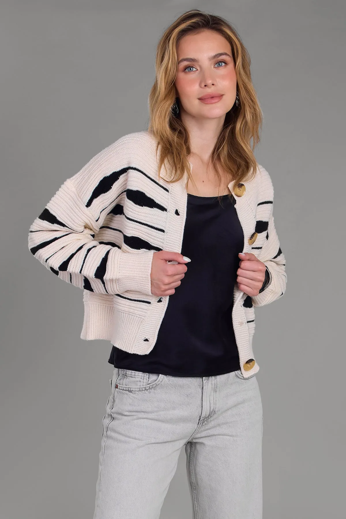 Zebra Buttoned Knit Cardigan